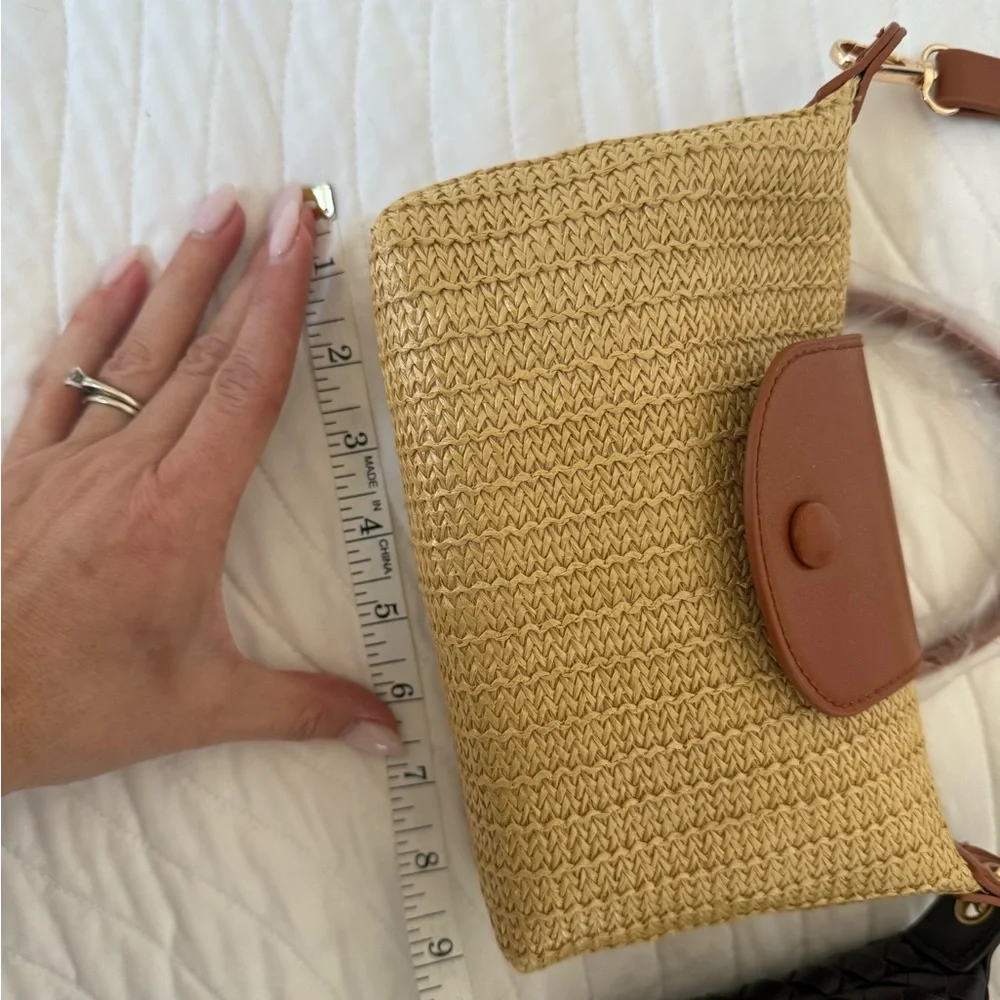 Brown Straw Crossbody Bag with Tan Leather Trim and Darker purple woven - Picture 4 of 8